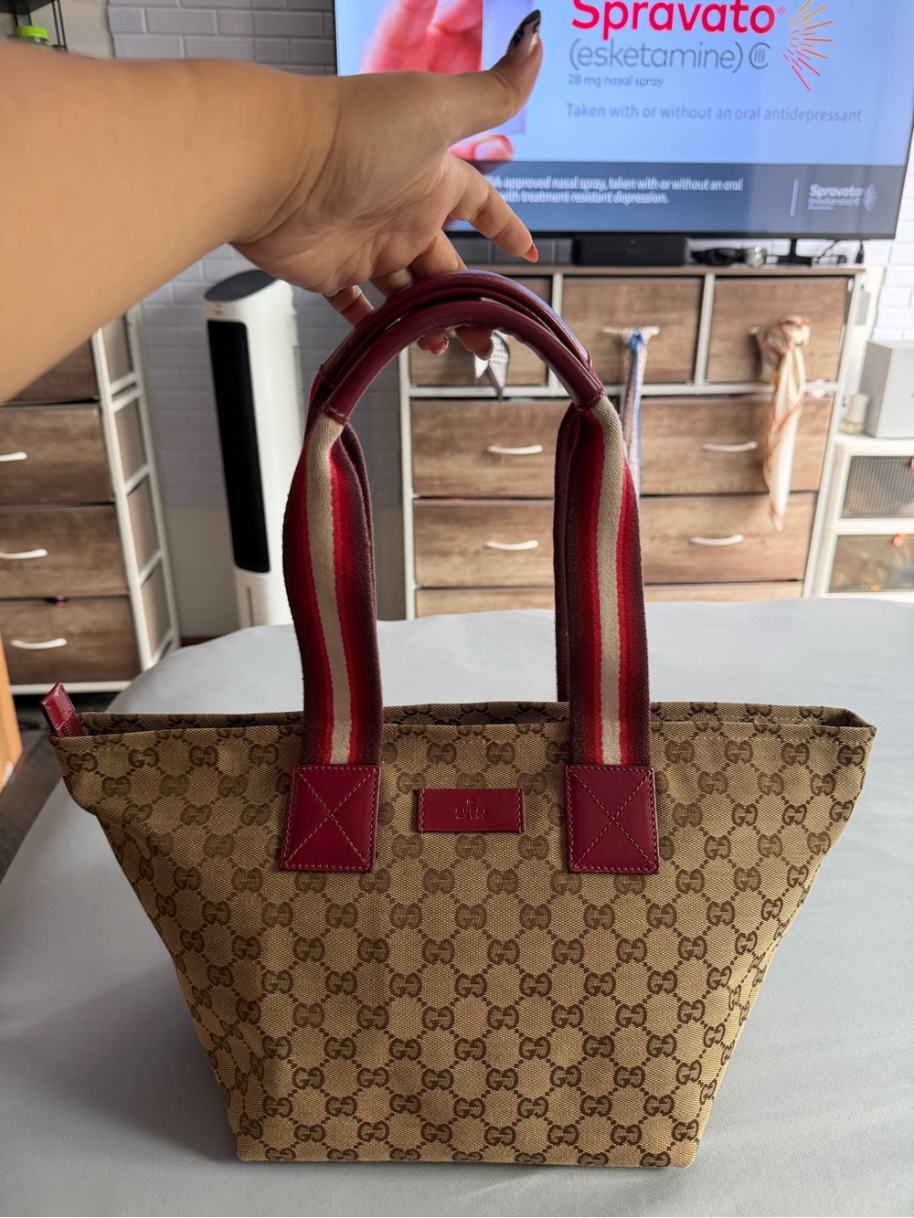 Gucci Beige GG Canvas Tote with Red Trim and Striped Handles